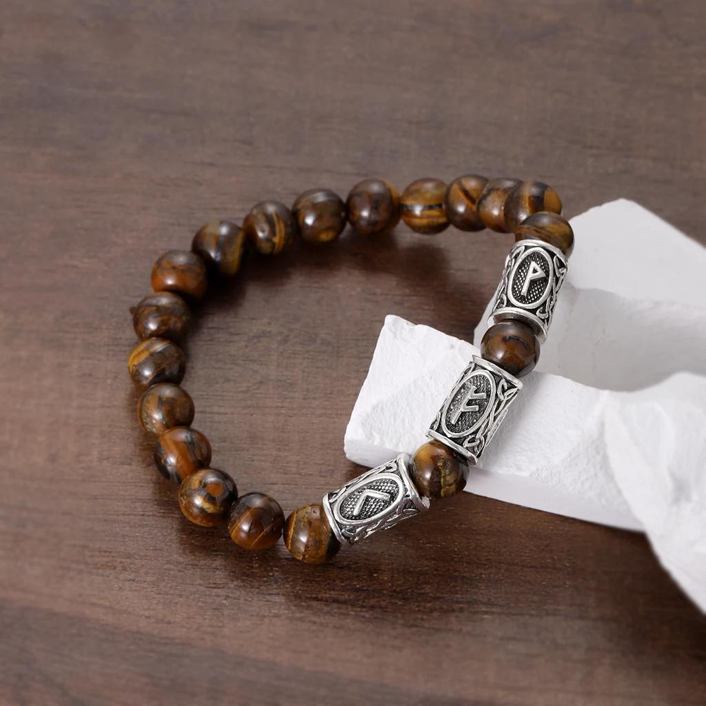 Viking Men Bracelet Norse Runes Stone 8mm Natural Jade Sodalite Turquoise Lava Beads Jewelry Bangles Homme Pulseras