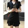 Retro fashion hot girl pleated design waist slimming small black vintage summer dress short skirt
