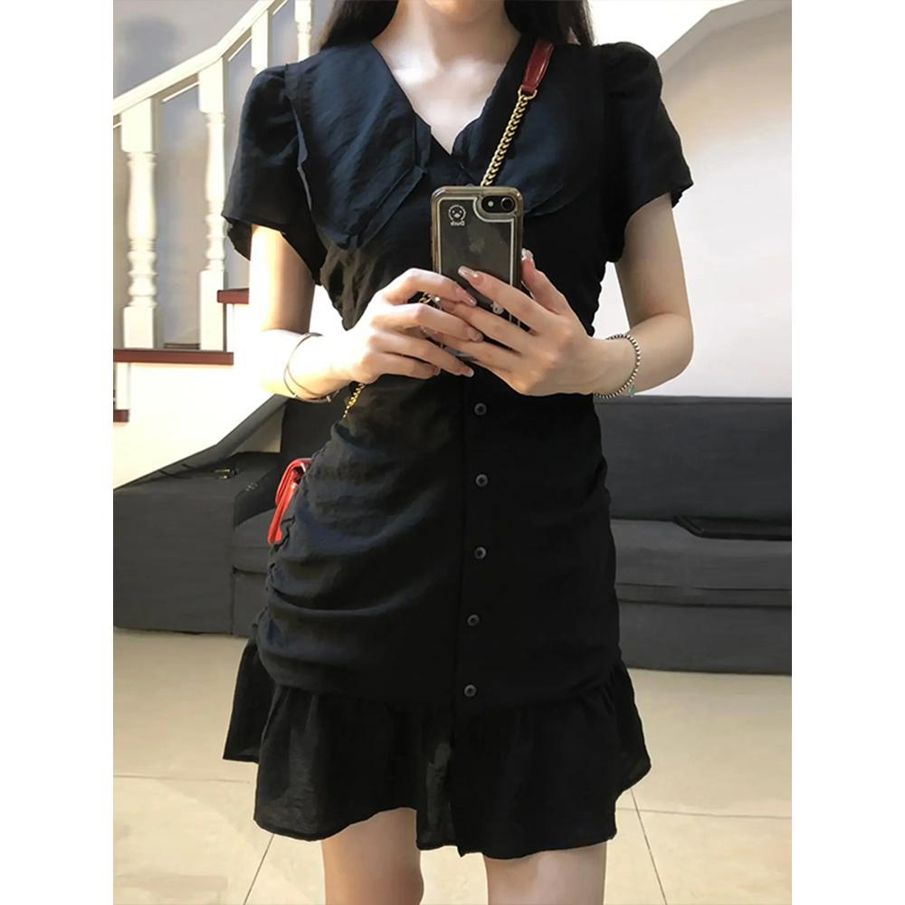 Retro fashion hot girl pleated design waist slimming small black vintage summer dress short skirt