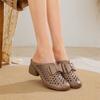 Johnature Women's Slippers Genuine Leather Hollow-out Thick Heel Flower Round Toe Versatile Women's Shoes