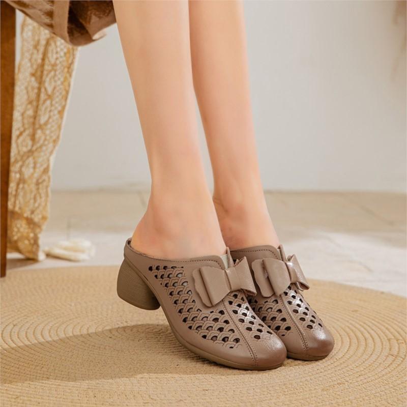 Johnature Women's Slippers Genuine Leather Hollow-out Thick Heel Flower Round Toe Versatile Women's Shoes