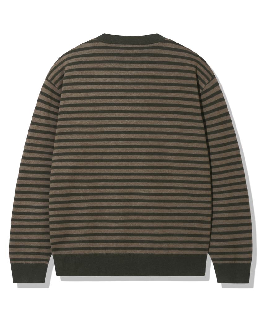 TRILLION Semi-Crop Henley Neck Knit_Stripe Khaki