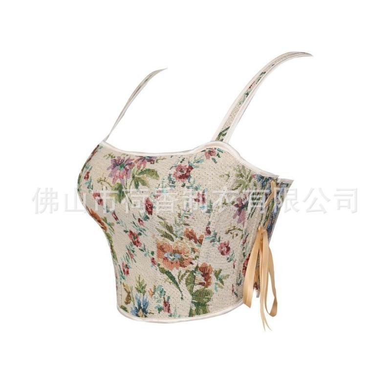 Vintage French Jacquard Tie Waist Slim Fit Women S Camisole Bustier Top
