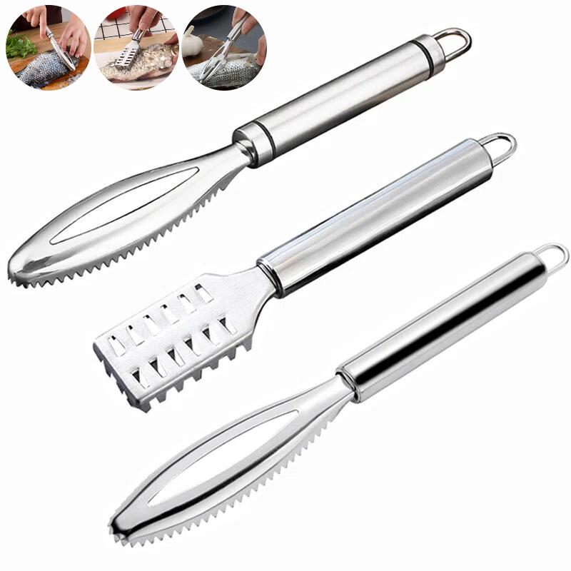 3-teiliges Edelstahl-Fischschuppenentferner-Set, Multifunktionale Fischschuppen-Reinigungsbürste und Schaber für schnelles Schuppen