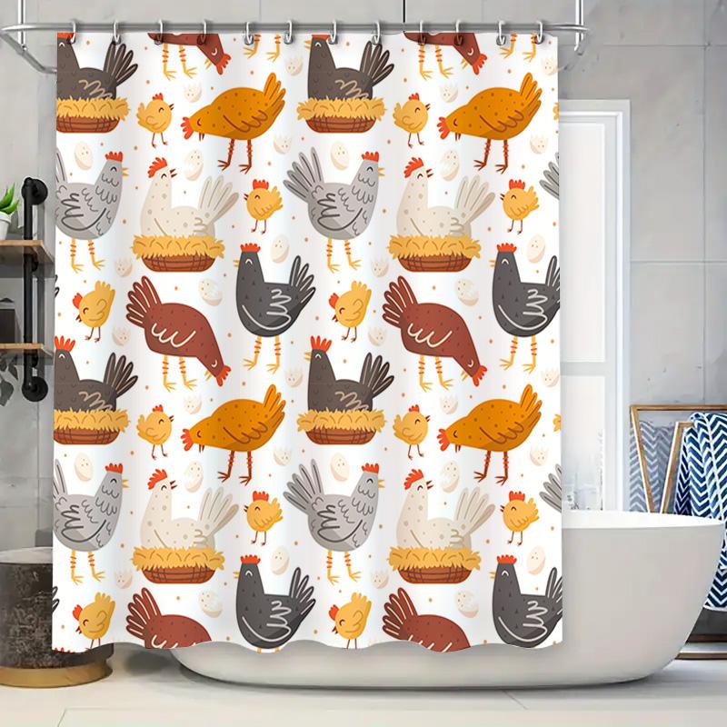 

Chicken Farming Shower Curtain Decorative Bath Mat Featuring Chickens Eggs Print White Polyester Fabric With Hook Rings For Home W60H190(CM)-1 Pcs