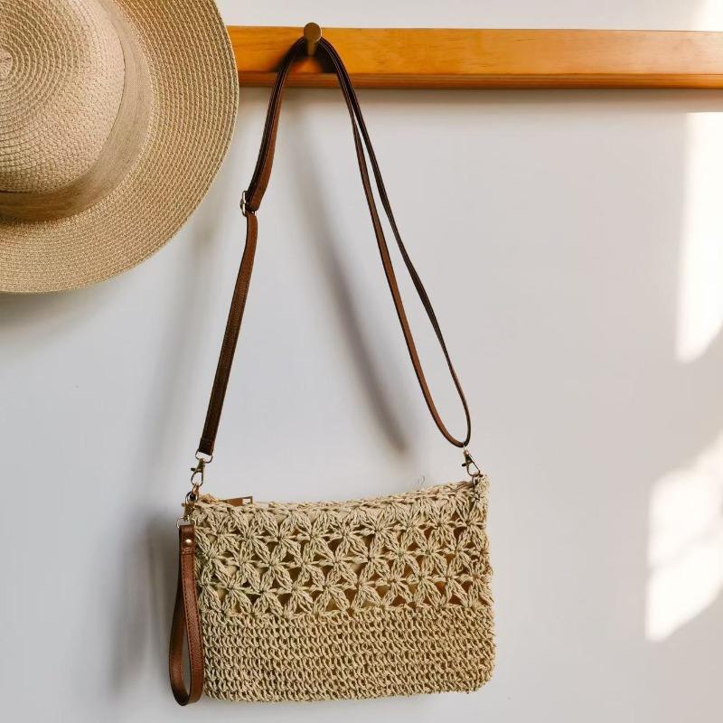 New casual hollow straw bag handwoven bag versatile portable messenger bag women's vacation mobile phone bag beach bag