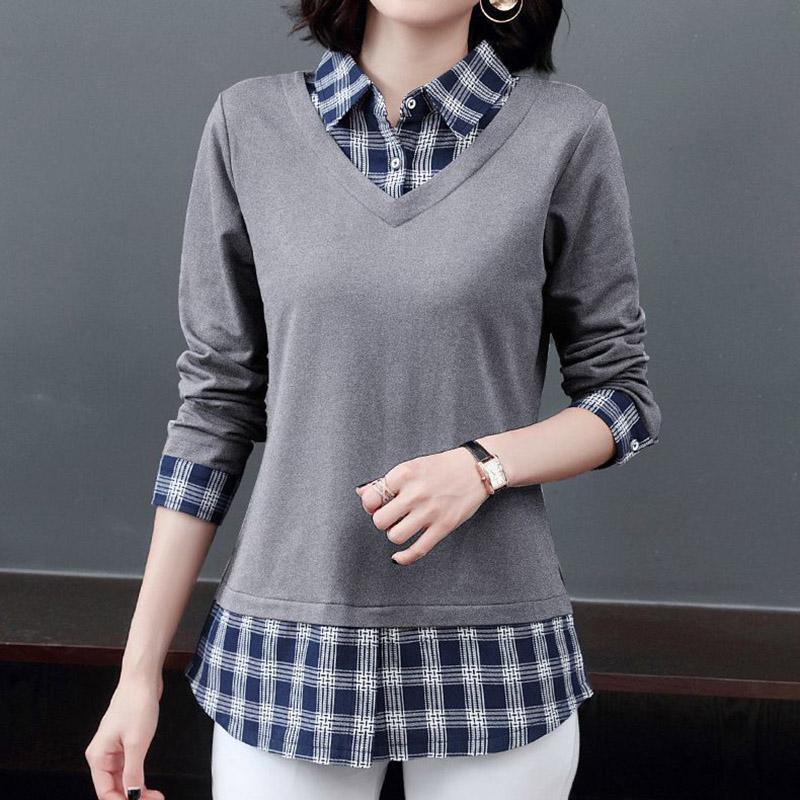 Women's Spring and Autumn Plus Size Lapel Plaid Long Sleeve Slim Top Shirt