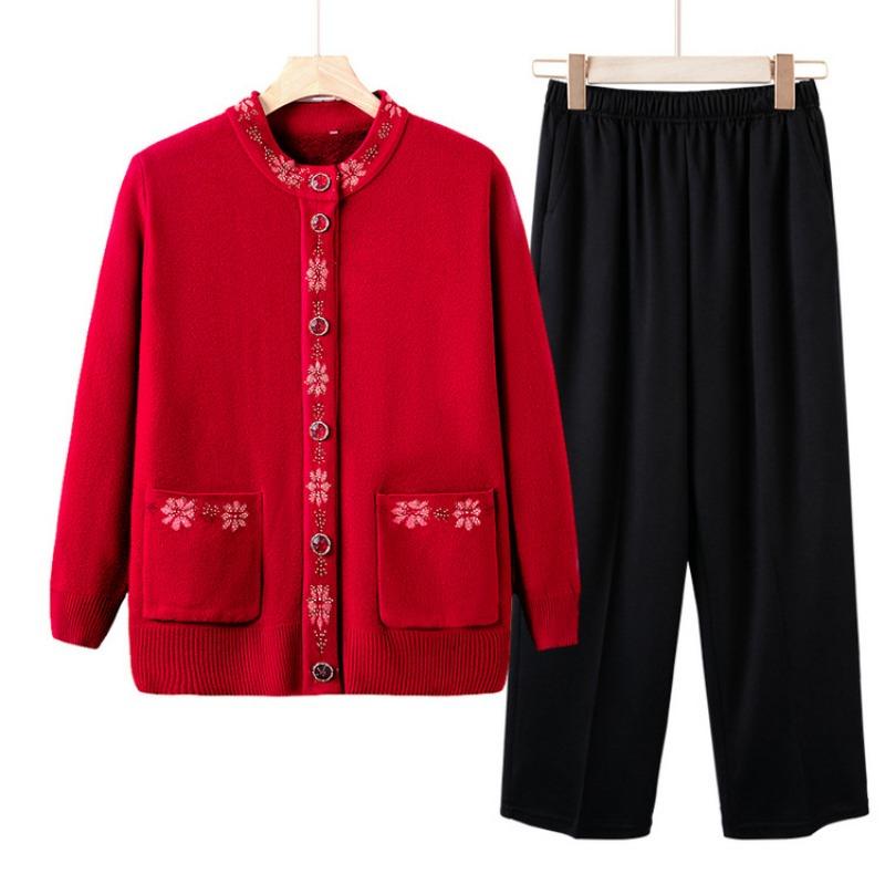 Grandma autumn knitted sweater jacket women middle-aged and elderly mother autumn and winter new cardigan sweater set elderly clothes