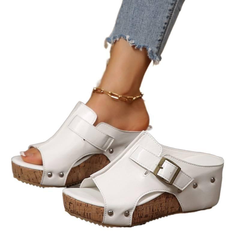 Wedge heel foot cool slippers women's summer new European and American large size fish mouth square buckle rivet slippers