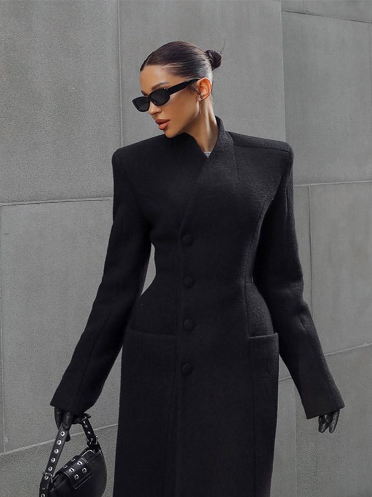 Damen Einreihiger Taillenbetonter Schultergepolsterter Mantel Damen Langer Modischer Warmer Mantel Schwarz 2025 Neue Kollektion