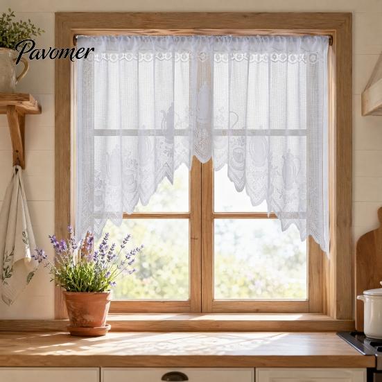 Retro Lace Curtain Half Curtain, Adjustable Lift Structure, Embroidery Floral Sheer Coffee Dustproof Window Screen Door