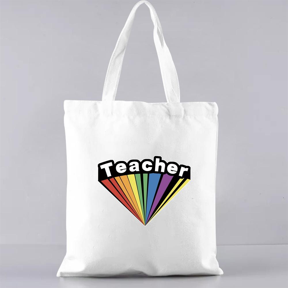 Fashion Shopping Bag Handbag Commuter Casual Shoulder Bag Reusable Canvas Bag White Cartoon Teacher Pattern Printing Tote Bag