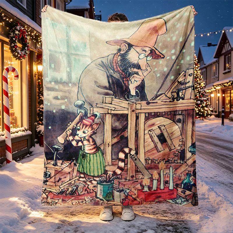 Pettersson und Findus Pattern Blanket for Home Decoration, Bed, Sofa, Car Travel, Camping, Suitable for All Seasons, Birthday Christmas Gift