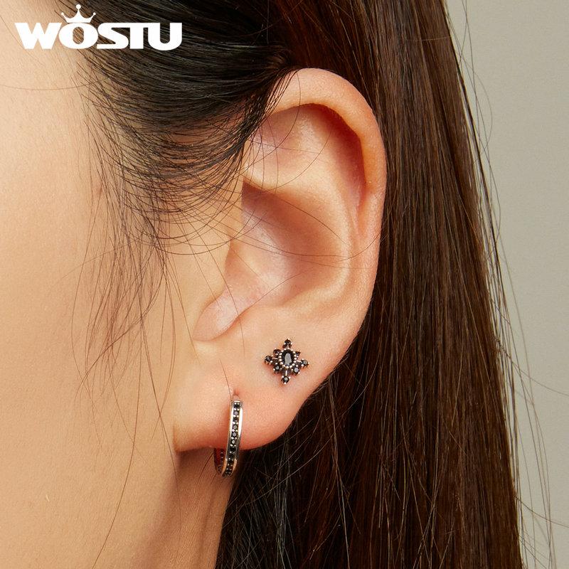 WOSTU 925 Sterling Silver Classical Round Balck Cz Hoop Earrings For Women Wedding Dangle Drop Earring Clips Party Jewelry Gift