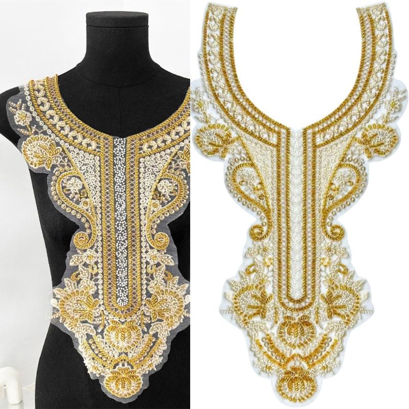Bestickte Perlen-Applikation für Hochzeitskleid Abendkleid Aufnäher für Kragen Perlen-Aufnäher Spitze-Applikation