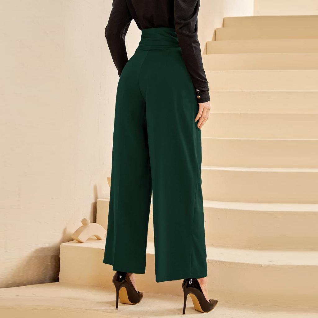 Women  Elastic High Waist Pant Casual Active  Fit Wide Leg Long Pants Trousers With Pockets