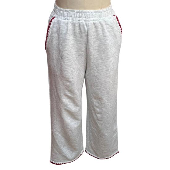 Women Pants Elastic High Waist Pure Color Long Trousers with Pockets Red Zigzag Embroidery Contrast Color Leisure Sport Pants