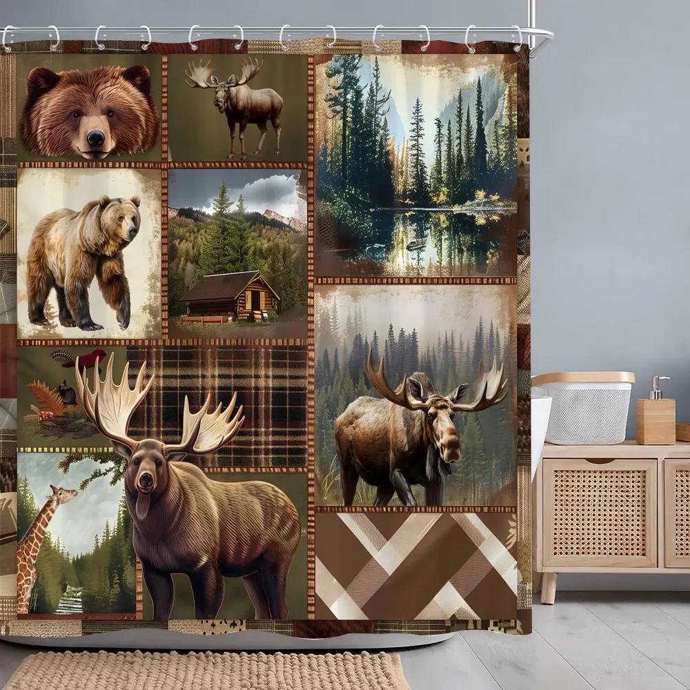 Vintage Lattice Outdoor Camping Shower Curtain Bear Deer Forest Rustic Wooden Panels Shower Curtains Bathroom Decor With Hooks