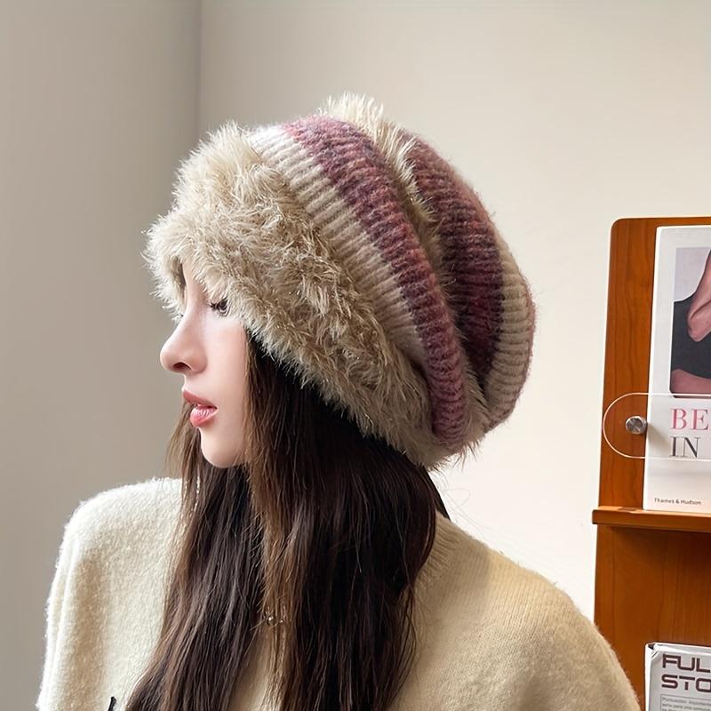 Women's Winter Chunky Knit Beanie - 100% Acrylic Plush Lined Elastic Slouchy Hat, Lightweight Thermal Warmth, No Brim Cap for Daily Wear