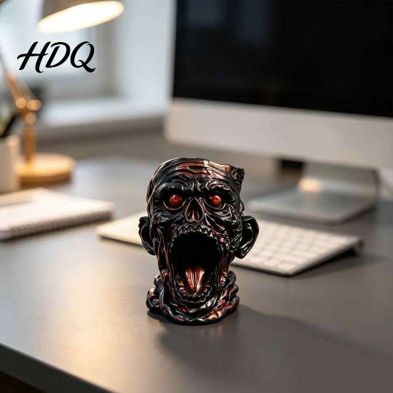 Stable Resin Pen Cup Gothic Skull Holder Realistic Zombie Head Makeup Brush Organizer Large Capacity Desktop Dark Home Office Decor Storage