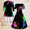 Women Plus Size Two Piece Set Square Neck Short Sleeve Tie Waist Flared Dress 3 4 Sleeve Colorful Printed Cardigan