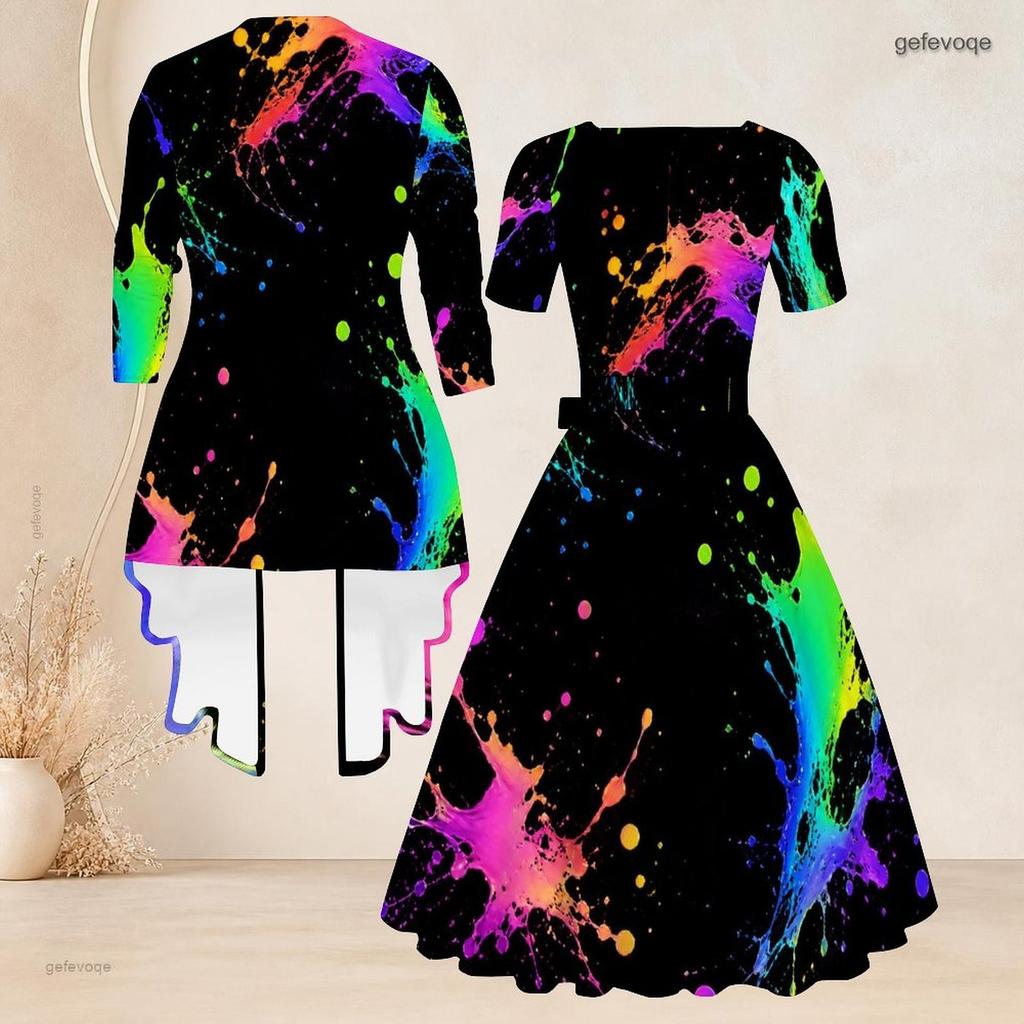 Women Plus Size Two Piece Set Square Neck Short Sleeve Tie Waist Flared Dress 3 4 Sleeve Colorful Printed Cardigan
