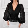 Slimming Black V-Neck Top with See-Through Waist & Lantern Sleeves - Sexy European & American Style