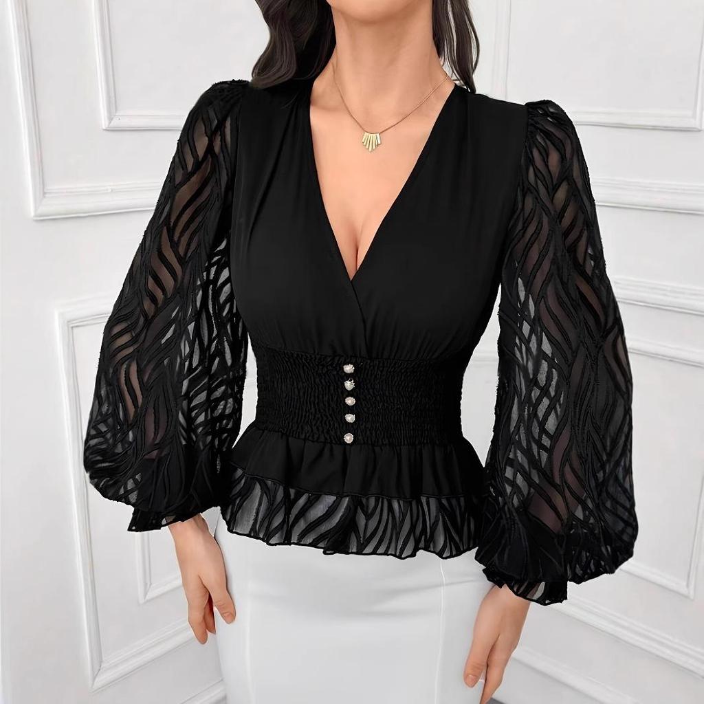 Slimming Black V-Neck Top with See-Through Waist & Lantern Sleeves - Sexy European & American Style