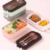 Rectangular Double-Layer Microwaveable Plastic Bento Lunch Box with Cutlery
