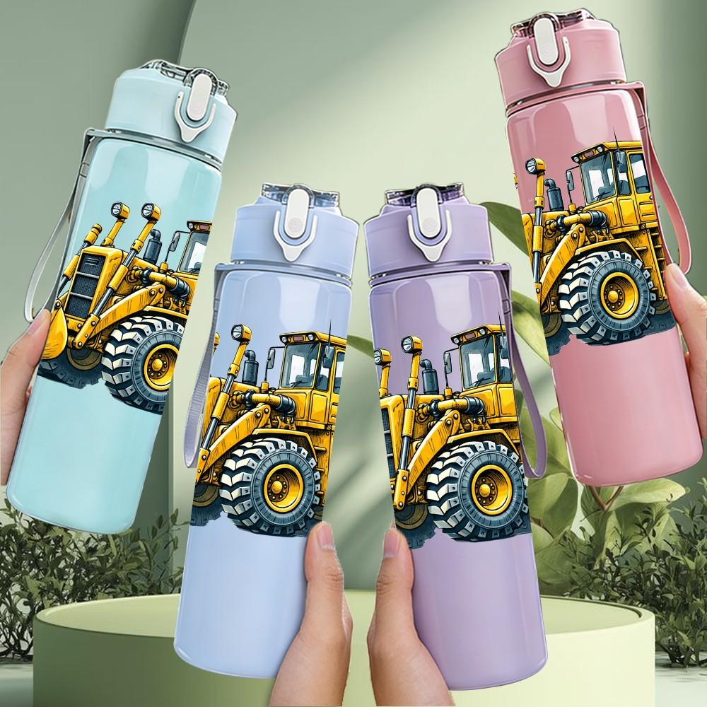 1PC Yellow Wheel Loader Construction Print 750ml Color Plastic Sports Water Bottle Leakproof Flip Straw Lid Suitable for Sports Office Home Use