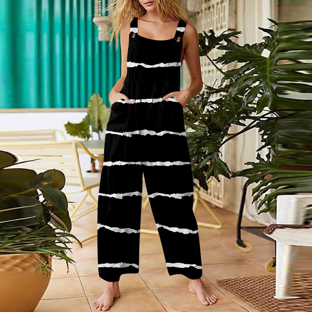 Women's Casual Jumpsuit Sleeveless Gradient Stripe Printed Cotton Jumpsuit