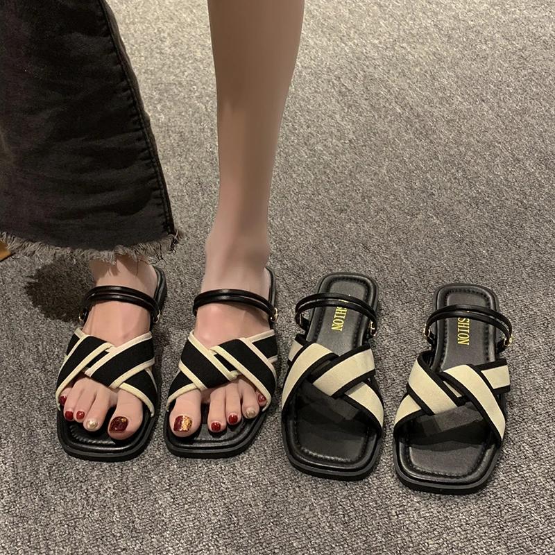 Slippers Women Summer Shoes Low Pantofle Shale Female Beach Slides Fashion Flat Luxury Cotton Fabric PU Rubber Rome