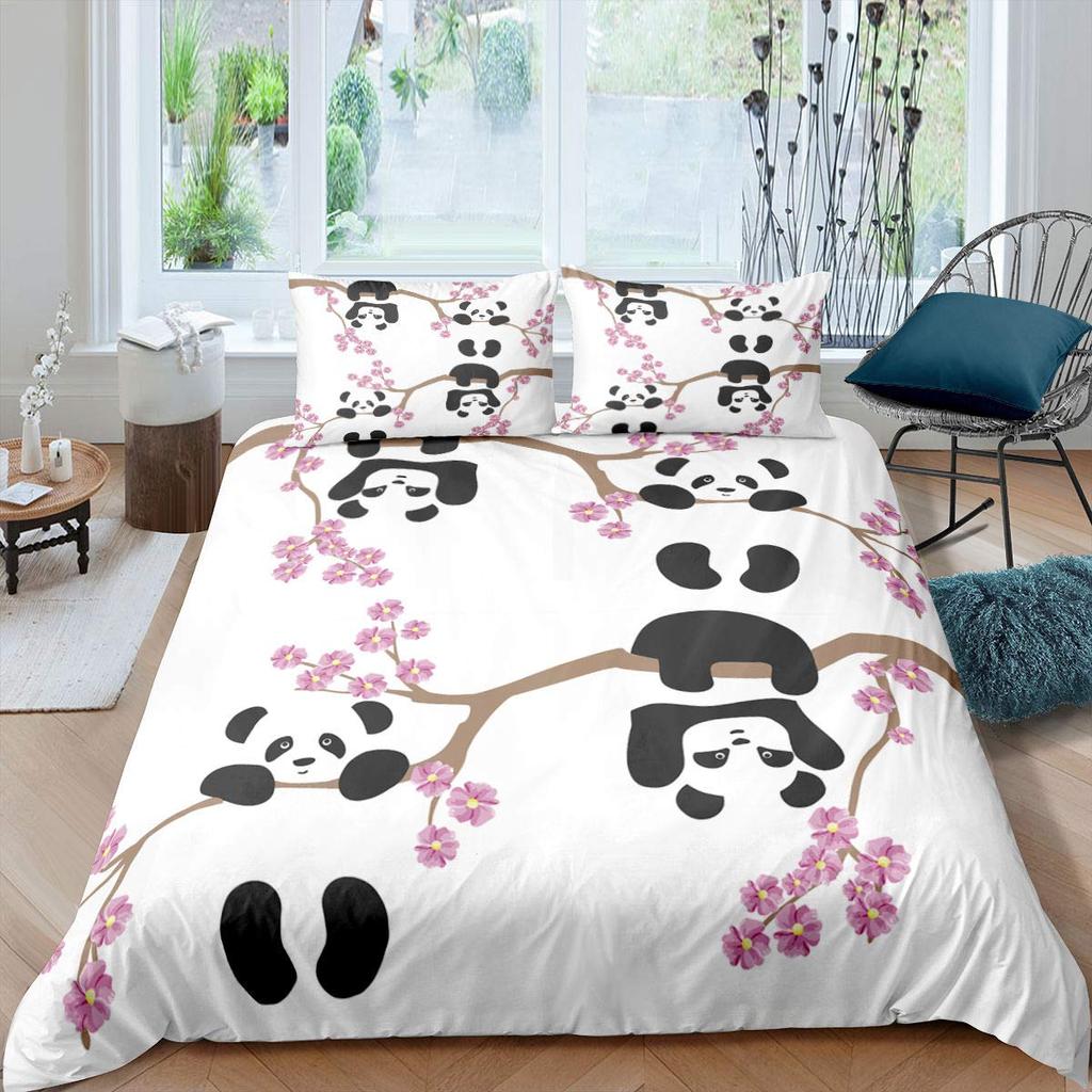 Kids Panda King Queen Duvet Cover Cute Animal Bedding Set For Boys Girls Cartoon Style 2/3pcs Quilt Cover Flower Comforter Cover