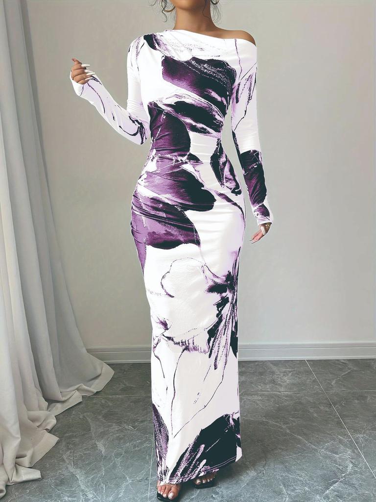 Off-Shoulder Maxi Dress with Asymmetric Neckline and Floral Print, Available in Multiple Colors