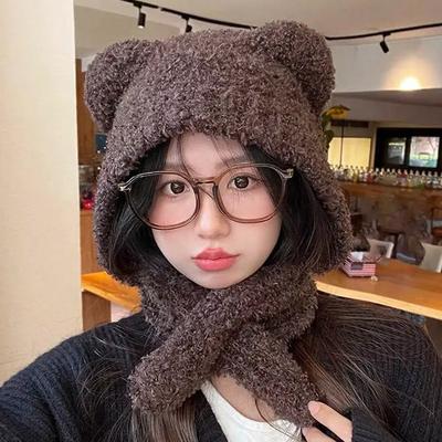 Bear Scarf Hat One Piece Two Piece Knitted Wool Hat for Women In Autumn and Winter Warm Ear Protection Lei Feng Hat Trend