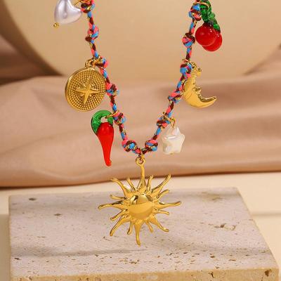 Women's Retro Titanium Steel Rope Necklace with Multi-element Sun Pendant
