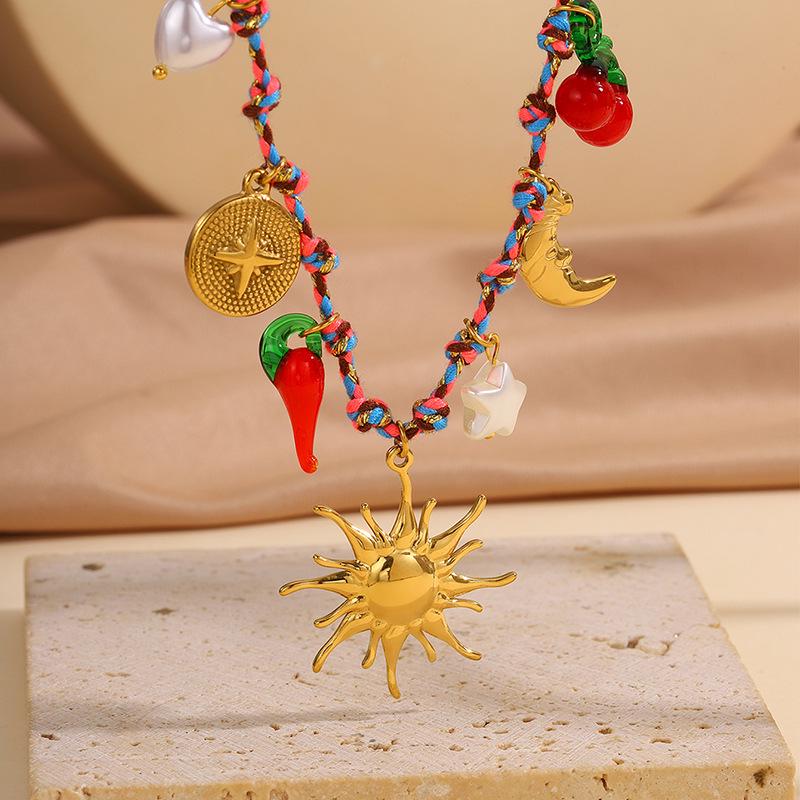 

Богемное многоподвесное ожерелье «Солнце-сердце» - Нержавеющая сталь и разноцветный плетеный шнур для женщин