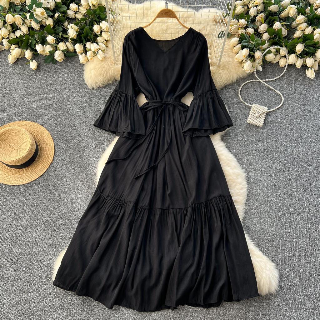 Abito Dolce Manica Svasata Scollo a V Stampa Volant Allacciato Vacanza al Mare Donne Moda Coreana Abiti Estivi