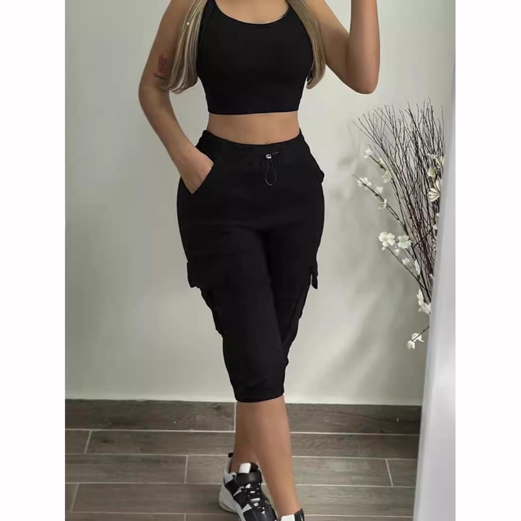 Women's Pants Summer Fashion Pocket Design Cuffed Drawstring Casual Plain High Waist Knee Length Pants