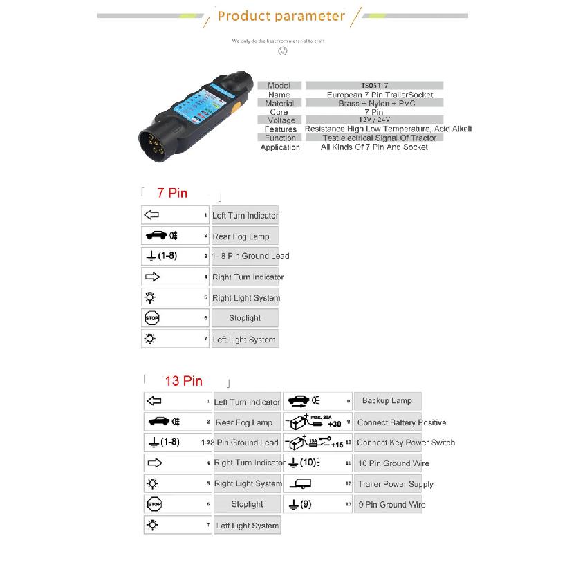 12V European 7 Pin Trailer Plug Socket Tester Durable Truck Wiring Circuit Light Test Tool RV Car Trailer Socket Circuit Testing