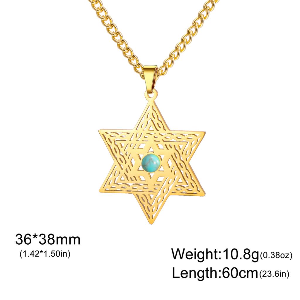  Artificial Gemstones Hexagram Necklace Stainless Steel Retro Star of David Hexagon Pendant Chain Classic Jewish Jewelry