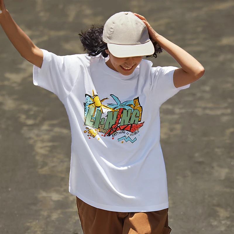 Li Ning Sports Fashion Series Cartoon Illustration Logo Print Round Neck Short Sleeve T-Shirt Unisex T-Shirt White AHST921-1