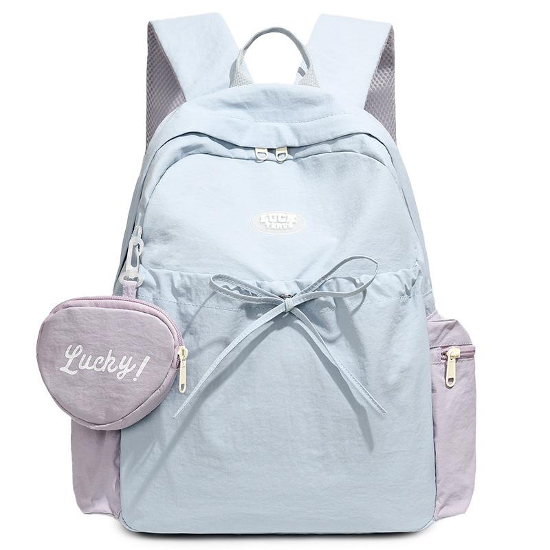 Women Large Capacity Drawstring Backpack Cute Nylon School Bag Casual Travel Daypack Multi Pocket College Bookbag with Front Pouch синий