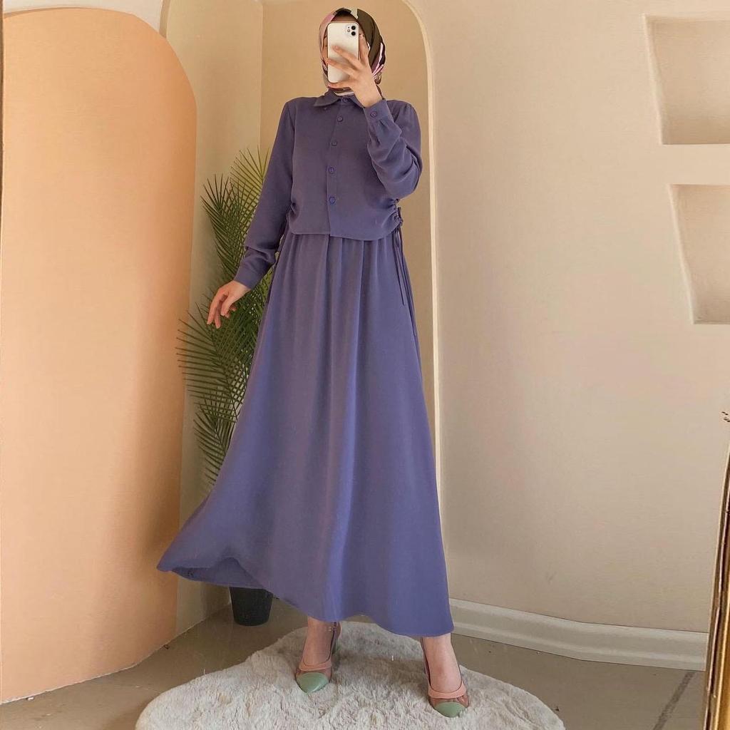 In-Stock Midi Skirt Set: 2024 Long-Sleeved Shirt Casual Dress for Muslim Arab Women