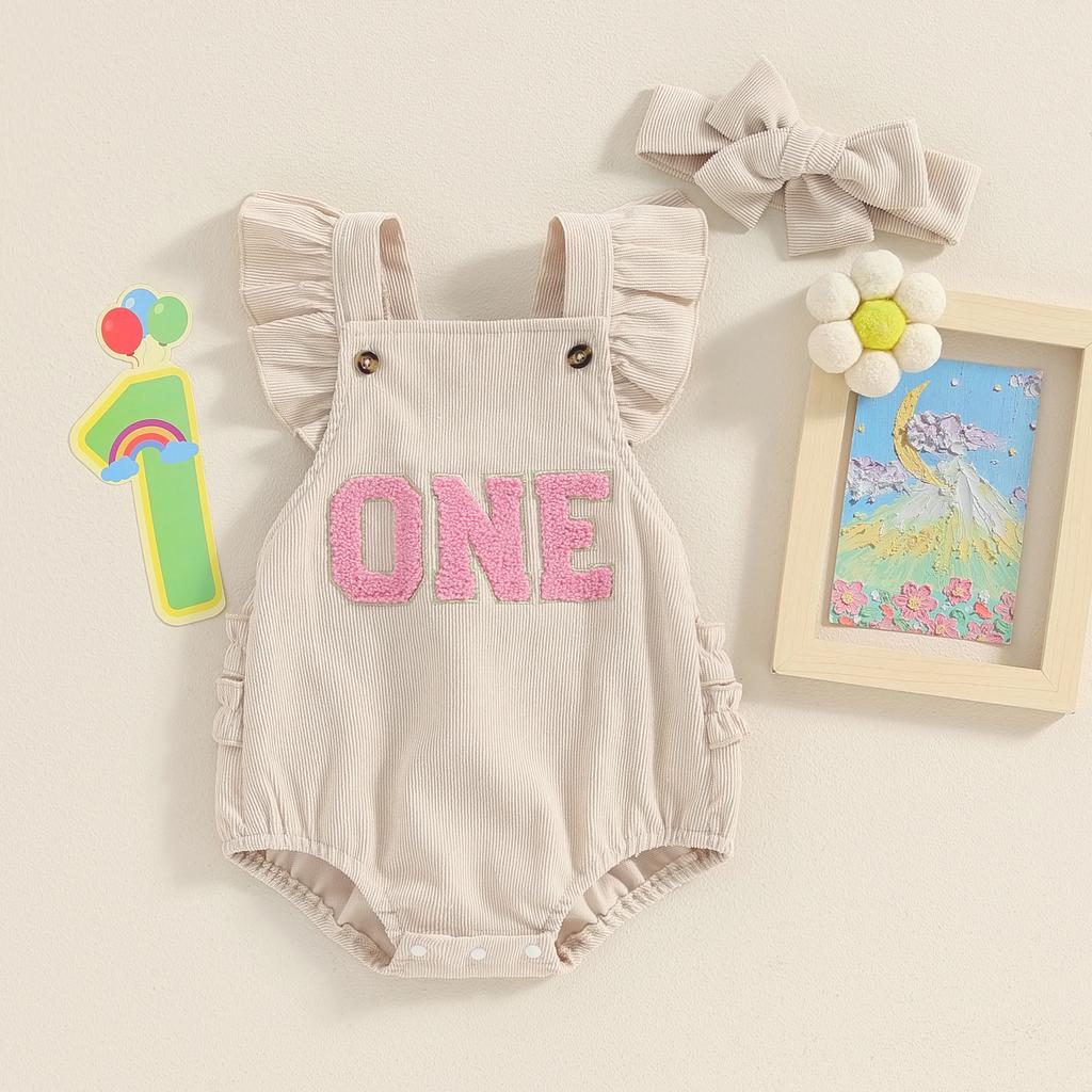 Baby Girl Summer Outfits Ruffle Sleeveless Letter Embroidery Romper with Headband Set Birthday Clothes