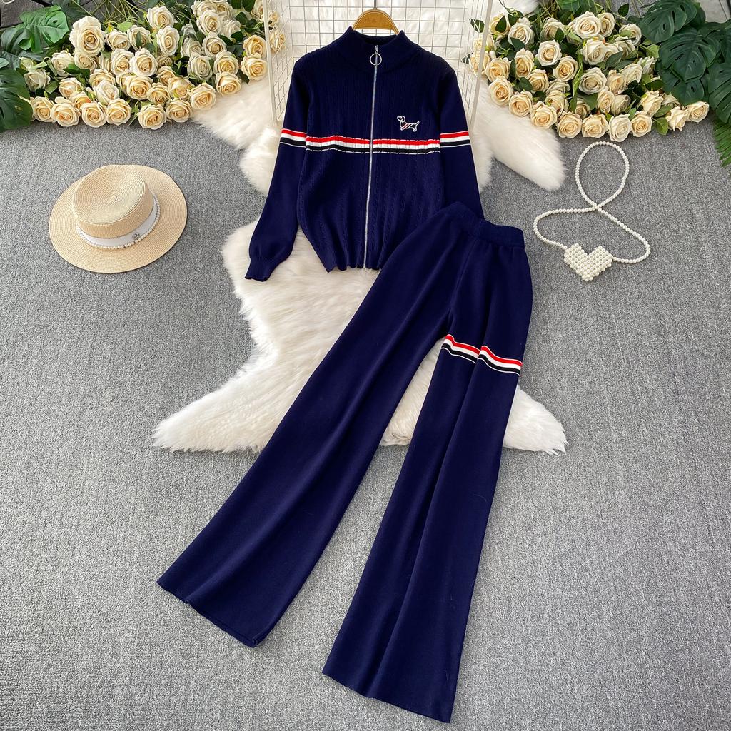 Faionable Knitted Embroidered Striped Set High Waist Wide Leg Pants Zipper Jaet for Women Autumn Season Casual Wear