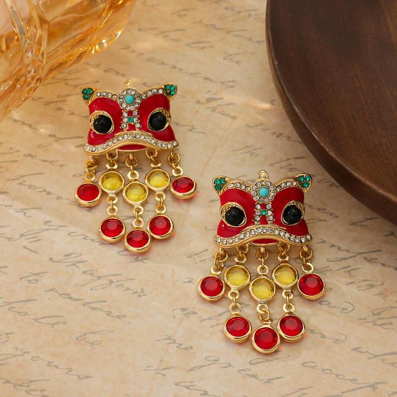 

Средневековые Винтажные Серьги с Кисточками Танцующий Лев Китайский Стиль Ретро Старое Золото Звероящер Серьги-Гвоздики с Цветной Эмалью