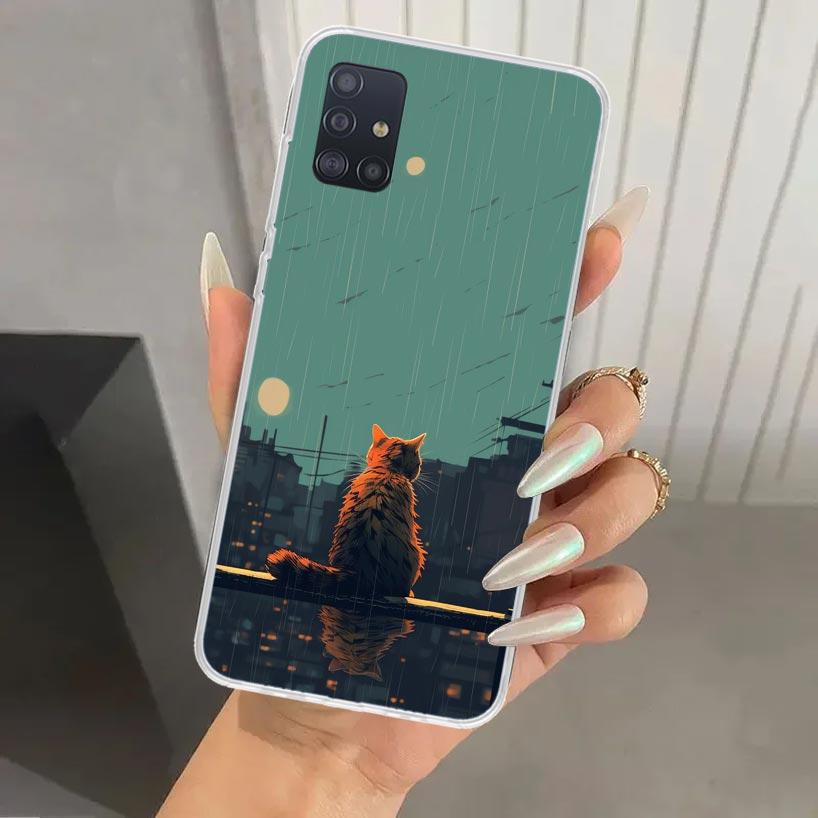Anime Cat Rain Animal Phone Case for Samsung Galaxy A52 A32 A22 A12 A02S A50S A30S A10S Note 20 Ultra 10 Plus S10 A31 A20 A71 A7