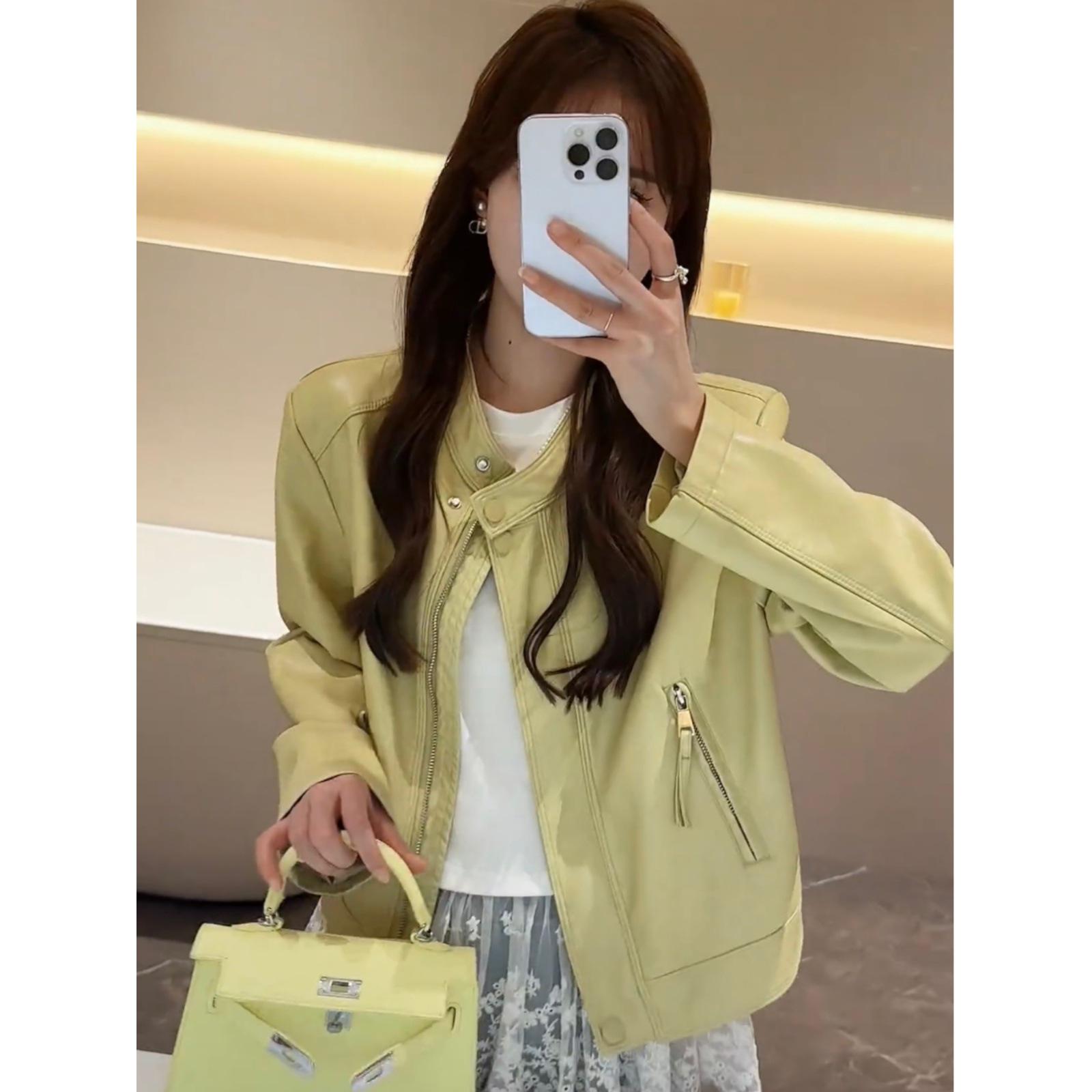 

Women’s Slim PU Leather Motorcycle Jacket - Spring 2025 Trend L (110-130 cm)