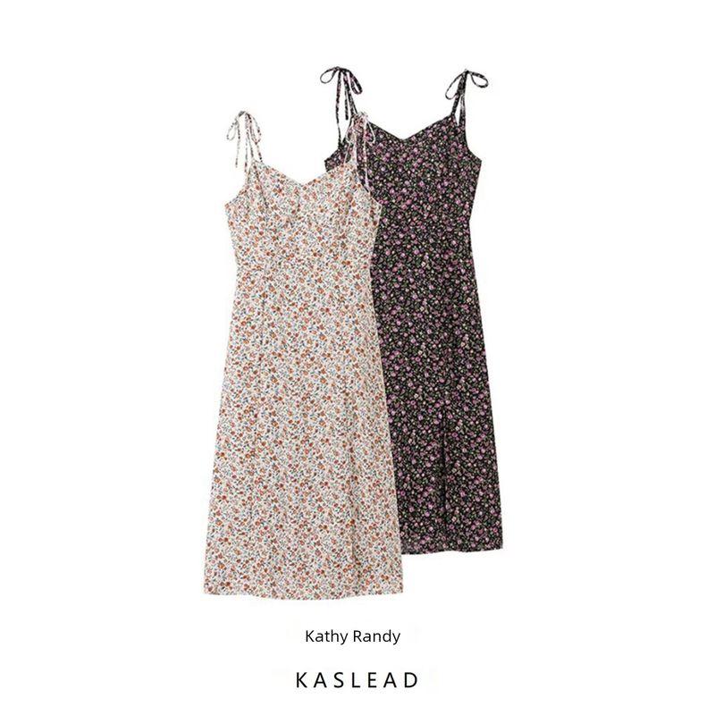 Kaslead New Arrival Women's Clothing Fashion Style Fashion French Simplicity Print Sling Half Slit Dress